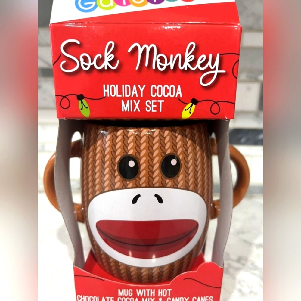 Sock monkey mug holiday set.